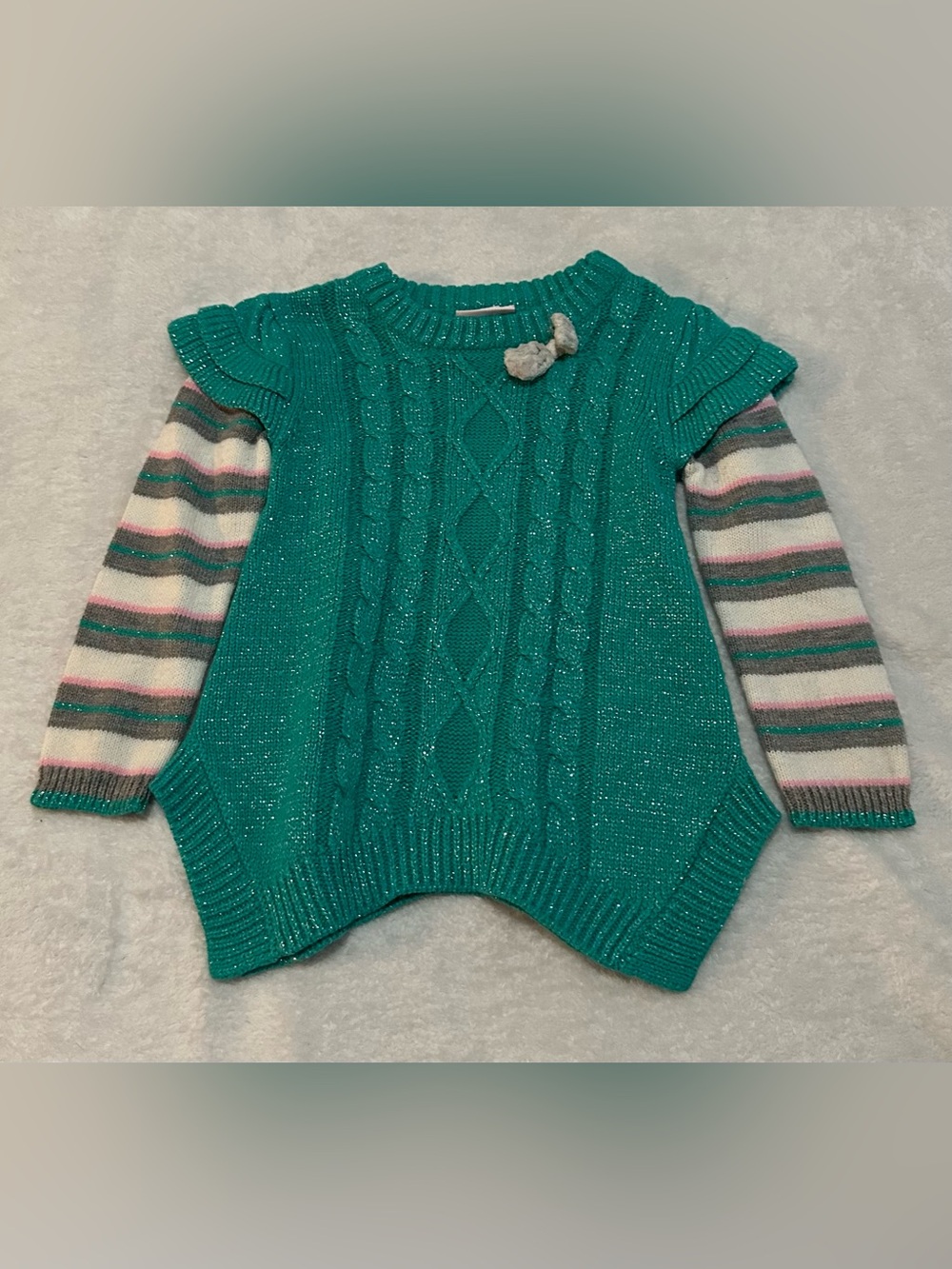Little Lass Girls Teal Sparkle Cable Knit Layered Sweater Striped Sleeves Size 5